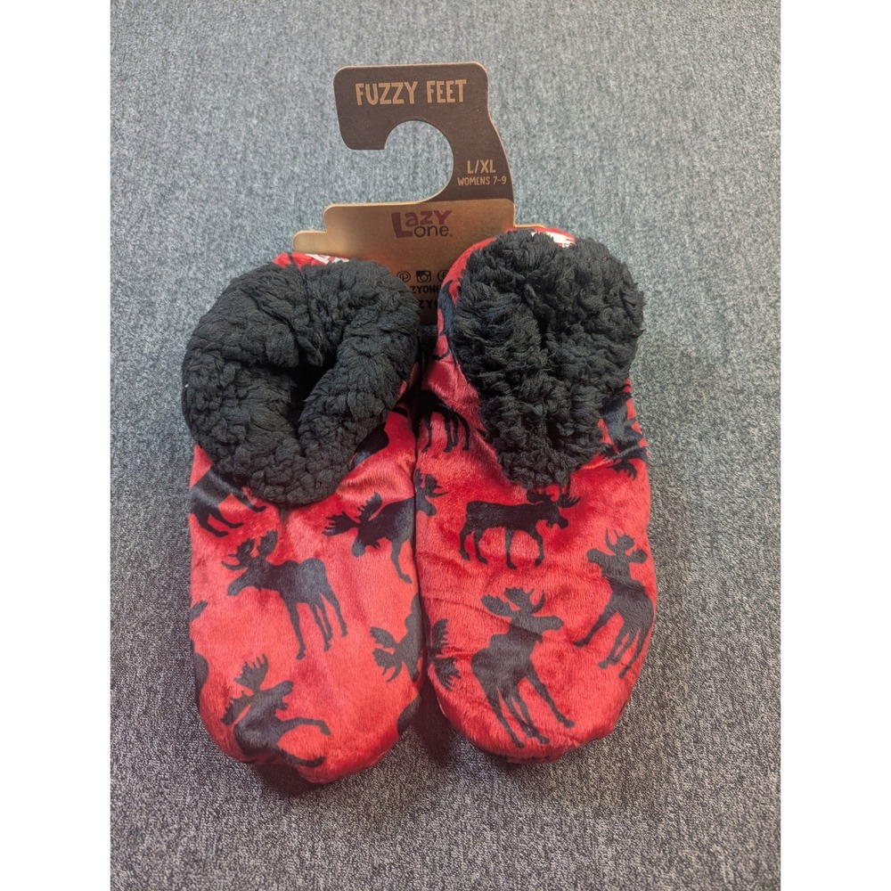 Lazy One Fuzzy Feet Classic Moose Red Slipper Socks Womens L/XL 7-9